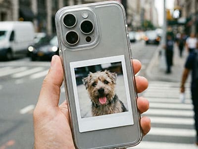 Clear smartphone case with a mini square photo inside