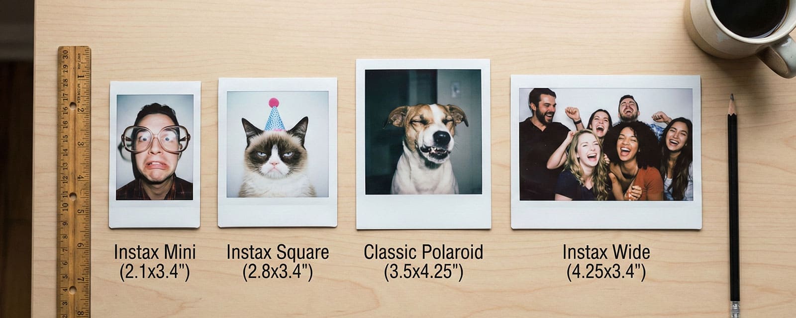 Instax Mini, Square, Wide, and Classic Polaroid prints side-by-side