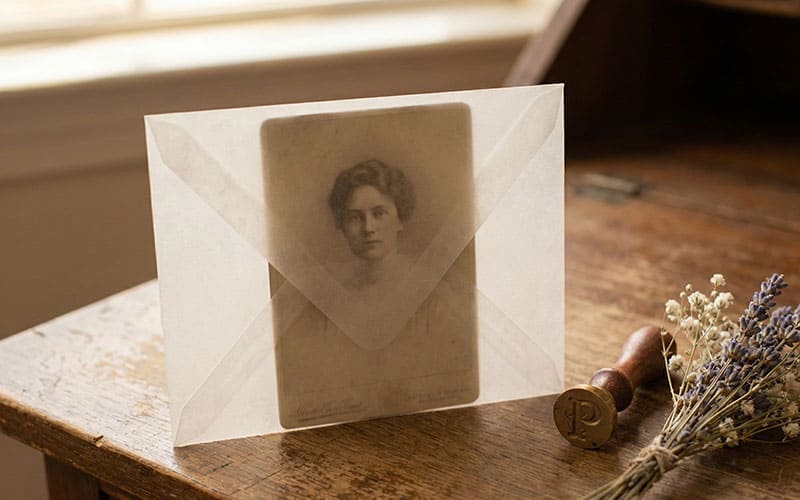 Instant photos inside a semi-transparent glassine envelope