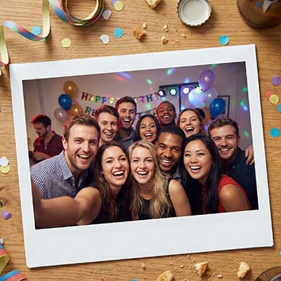 Wide format photo showing a large group of friends