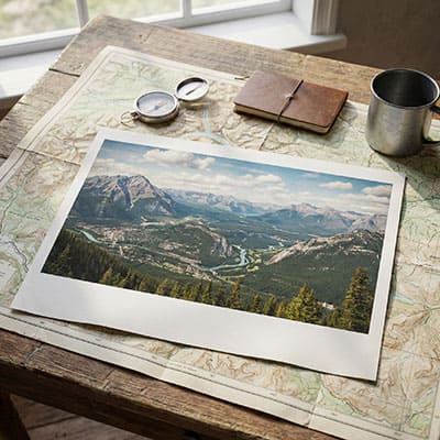 Wide format instant photo of a mountain landscape