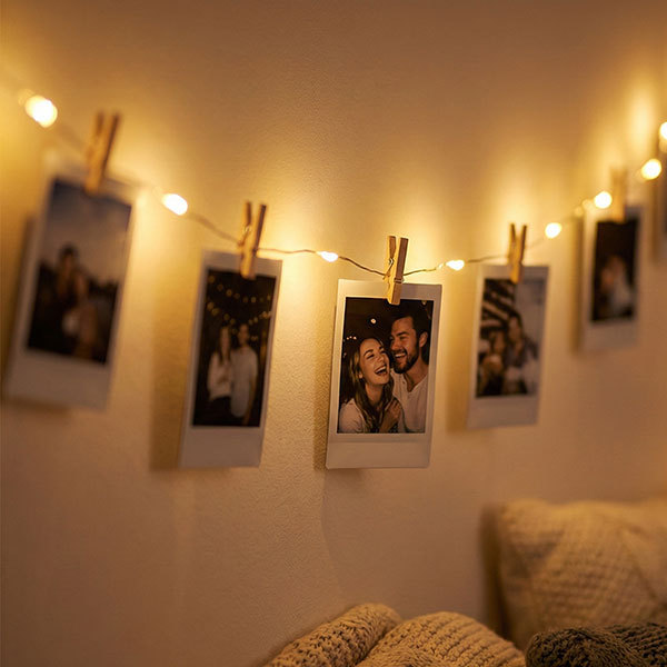 Instax mini photos hanging on fairy lights