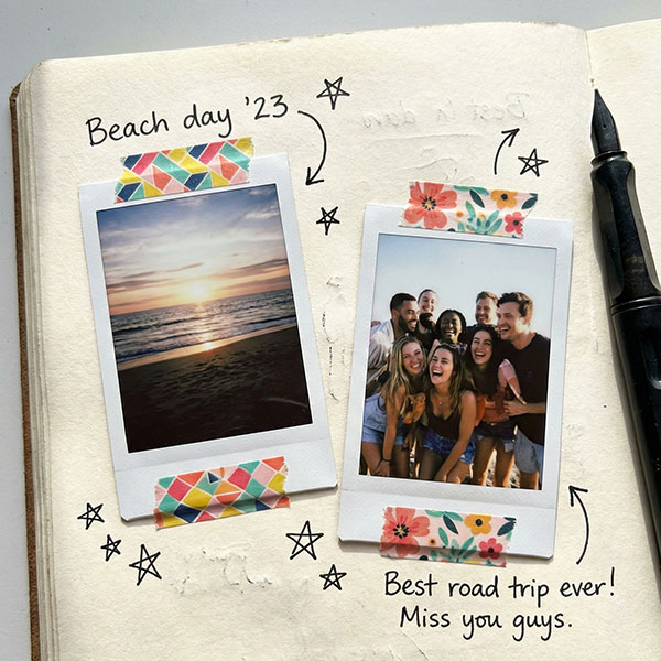 Mini instant photos pasted into a travel journal