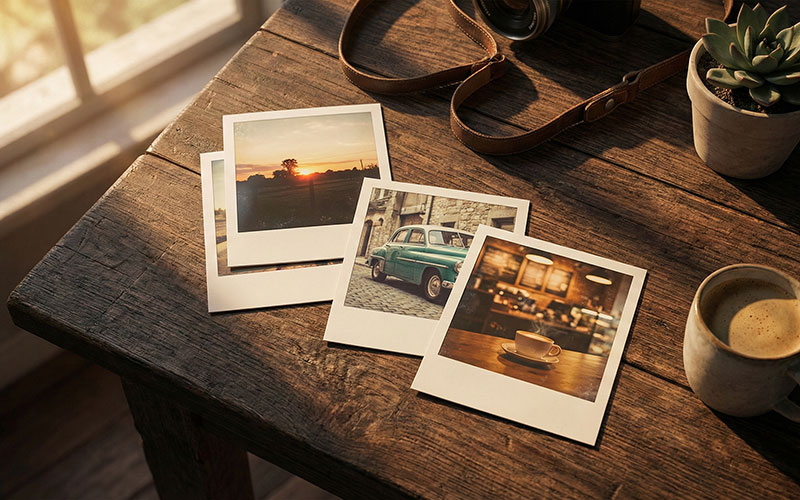 Flat-lay of rectangular 4x3 inch instant photos