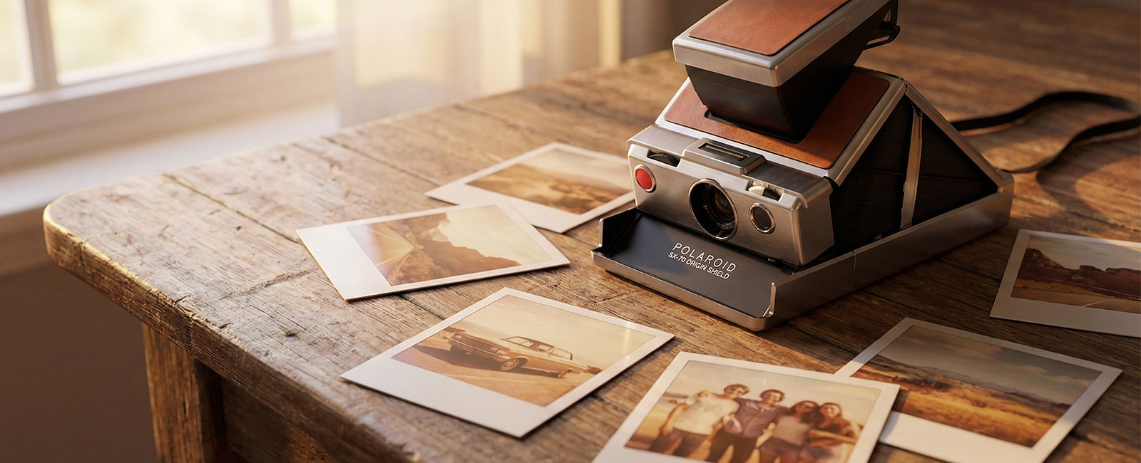 Vintage Polaroid SX-70 camera with original prints