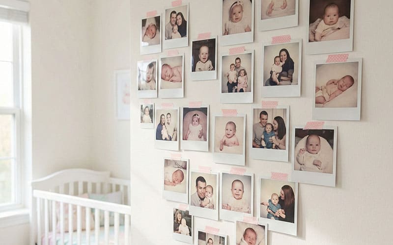 Pastel nursery wall decor with instant photos