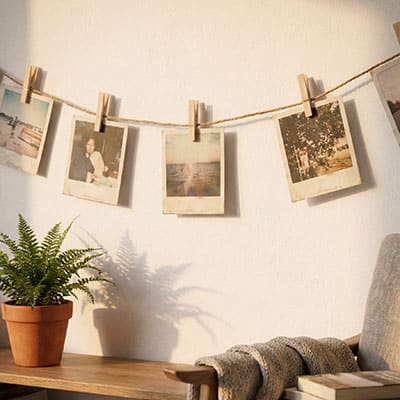 Photos hanging on twine with wooden clips