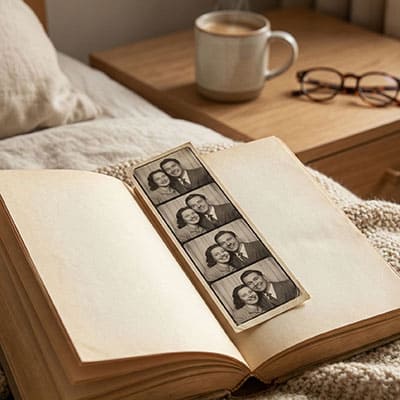 Vintage photo strip used as a bookmark in an open book