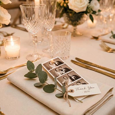 Stack of photo strips with wedding date used as favors