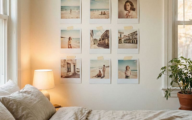 Bedroom wall with vintage photo grid
