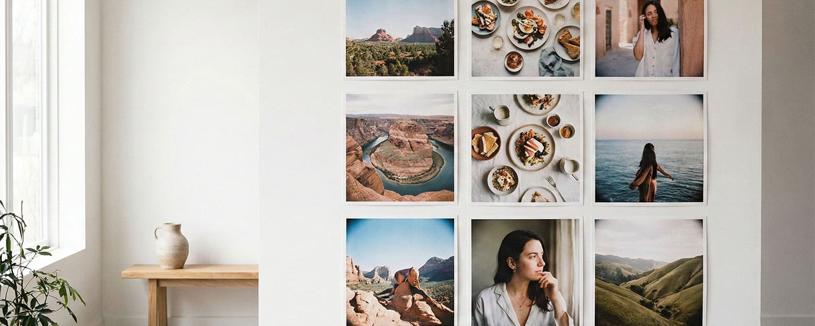 A perfectly aligned grid of 9 square photos mounted on a clean white wall