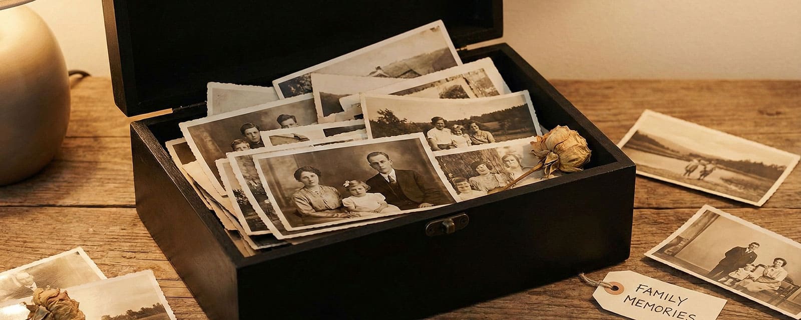 Stylish black storage box on wooden table with vintage photos