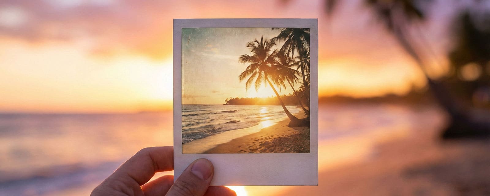 Hand holding classic retro print at sunset