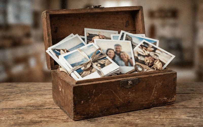 Vintage wooden memory box filled with polaroid photos
