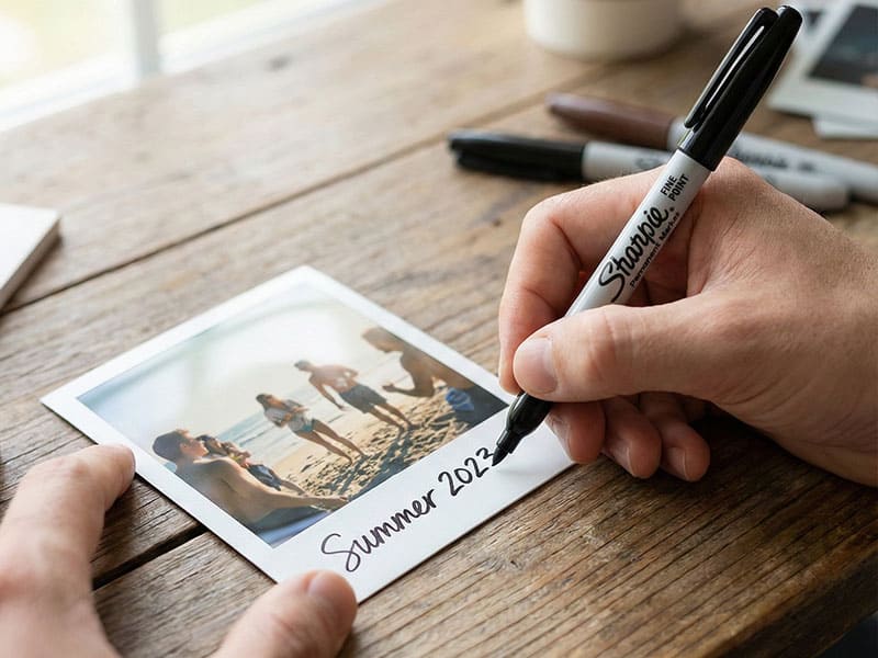 Writing caption on white border of photo